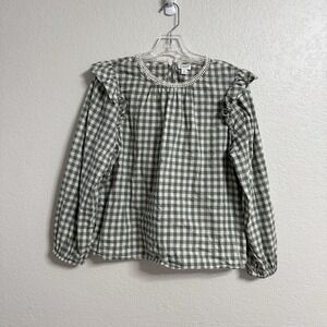 J Crew Blouse Womens Medium Green Gingham‎ Lace Ruffle Preppy Coastal Classic